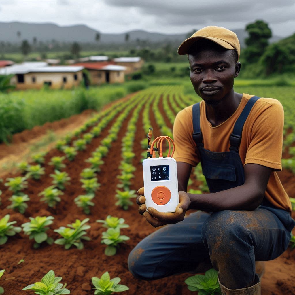 Illustration showing farmers using smartphones to monitor crops while standing in a field with visible soil sensors