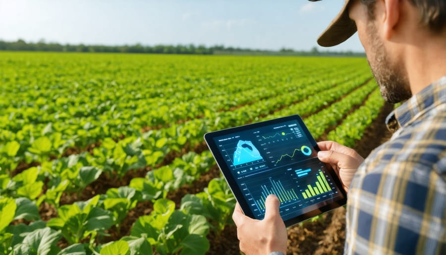 Mobile app screens showing AI-generated recommendations like crop choices and fertilizer schedules