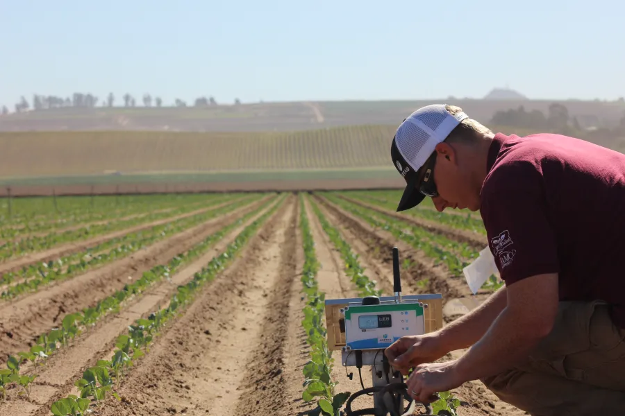 Operator installing field device in farmland